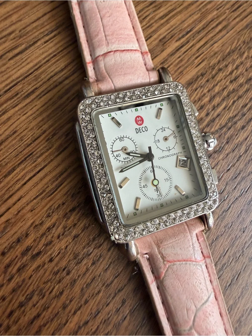 Stunning Crystal Art Deco Chronograph Watch with Pink Alligator Leather Strap
